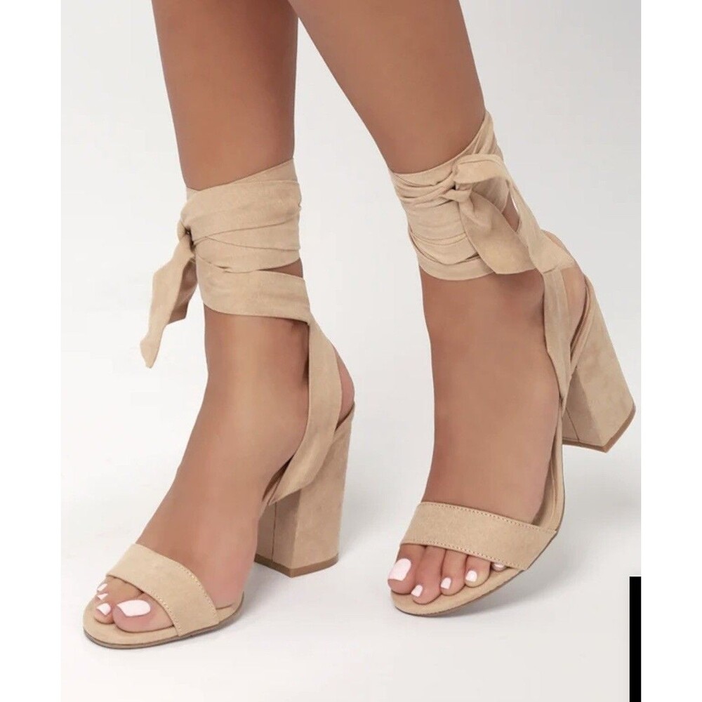Size 7 Women’s Lulus Alta Light Nude Suede Lace Up Block Heel Sandals Boho New